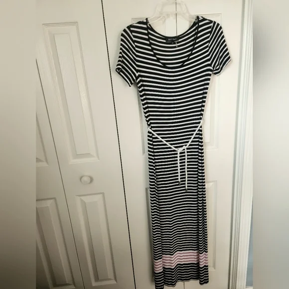 chinese dress ladies Tie Front Linen Blend Dress Navy Stripe / XL